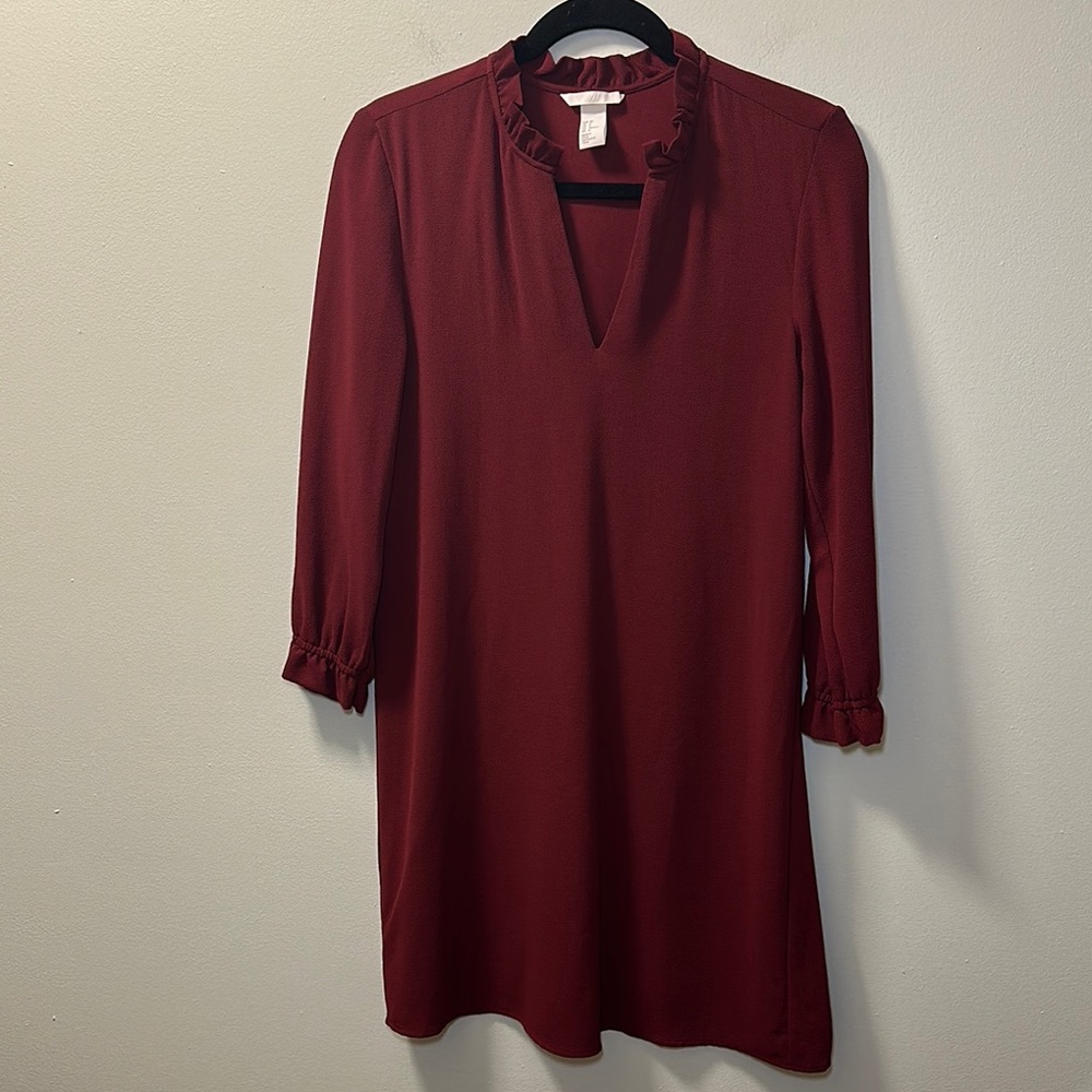 💛H&M Women’s Burgundy Long Sleeve V Neck Tunic Dress Sz 6